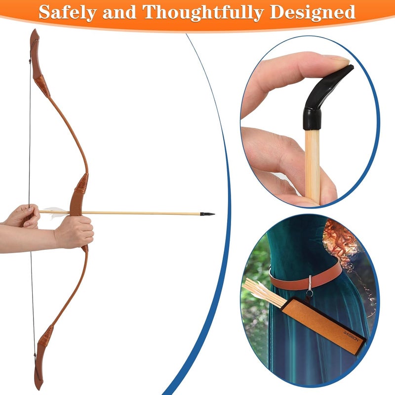 Basbon Youth Wooden Bow and Arrow Set, 40 Inch Archery Set Microfiber Leather-Wrapped, Handmade Toys Bow and Arrow Cosplay Costume Prop Games, 5 Feather Arrows (Rubber Tip), Gifts for Kids Boys Girls - Image 3